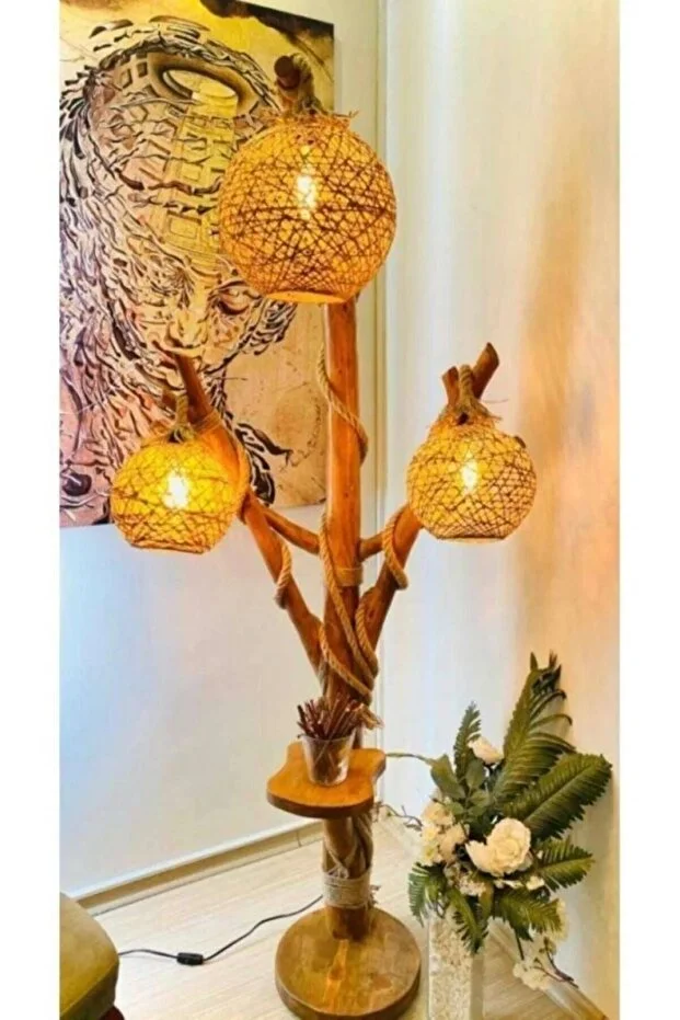 Ağaç Lambader Doğal Ağaç 140 Cm Halikarnas Serisi Köşe Aydınlatma Kütük Ahşap Lambader